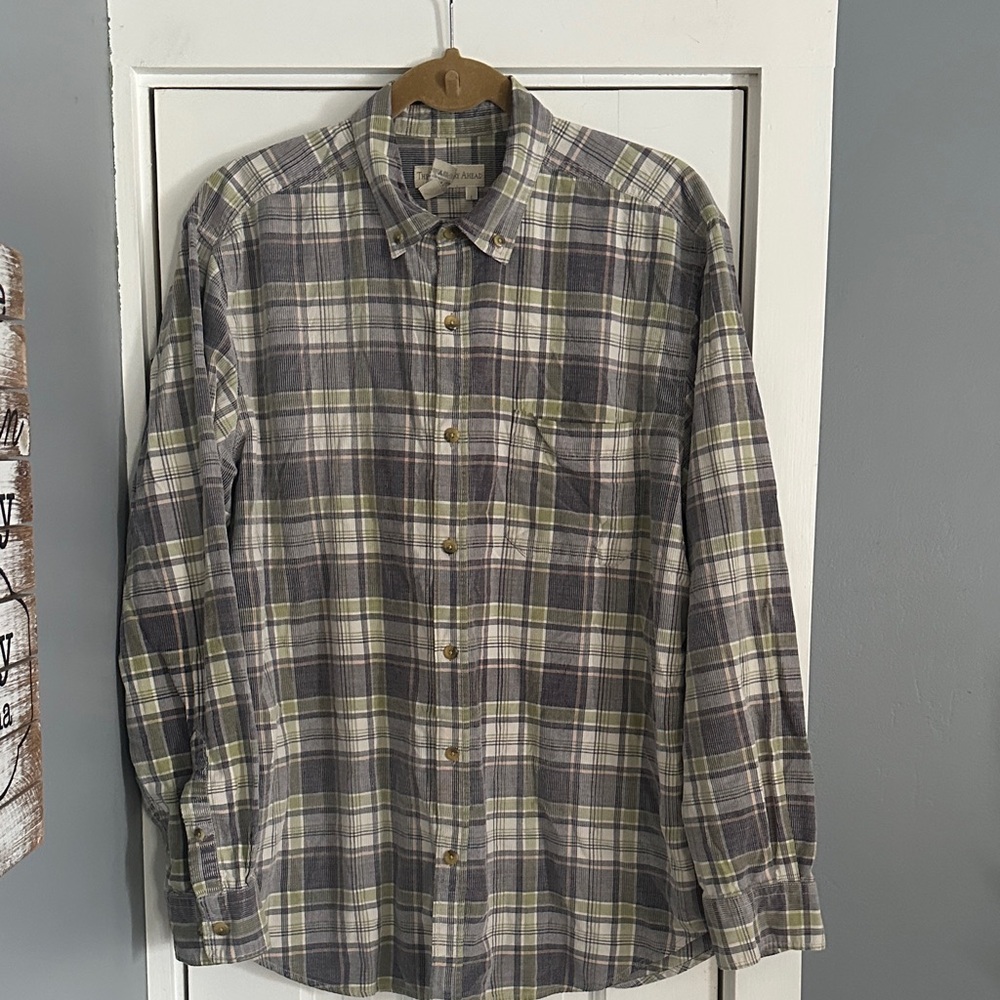 The Territory Ahead Men’s L Olive Gray Plaid Long Sleeve Corduroy Button Down